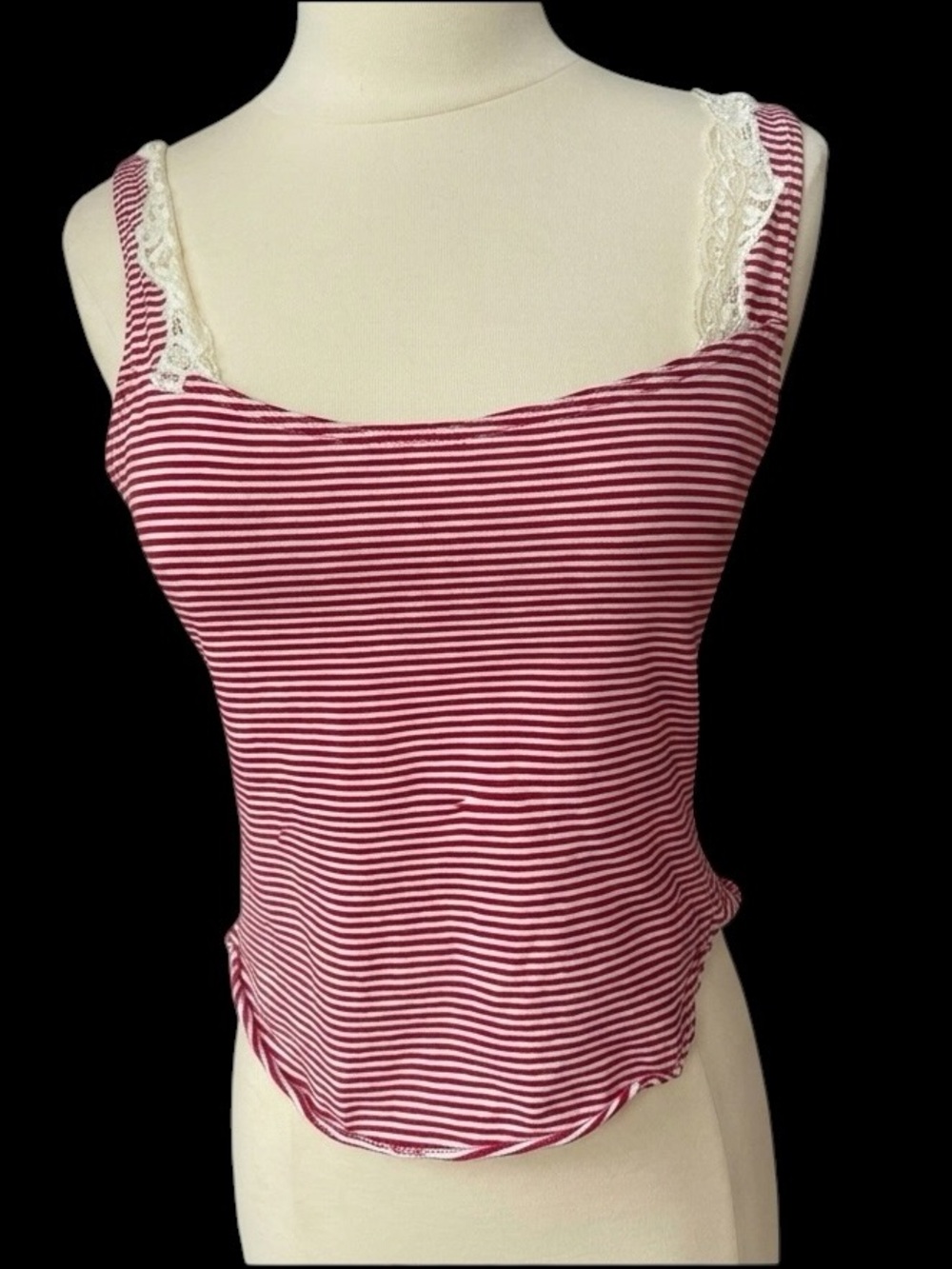 1990s Guess 100% Cotton Striped & Lace Trim Tank Top